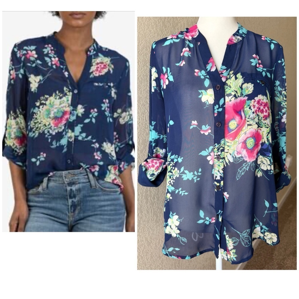 KUT from the Kloth Sheer Floral Button Down Blouse – XS Petite